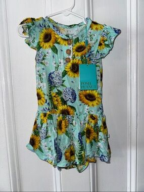 Posh Peanut Sunflower & hydrangea bamboo onesie dress